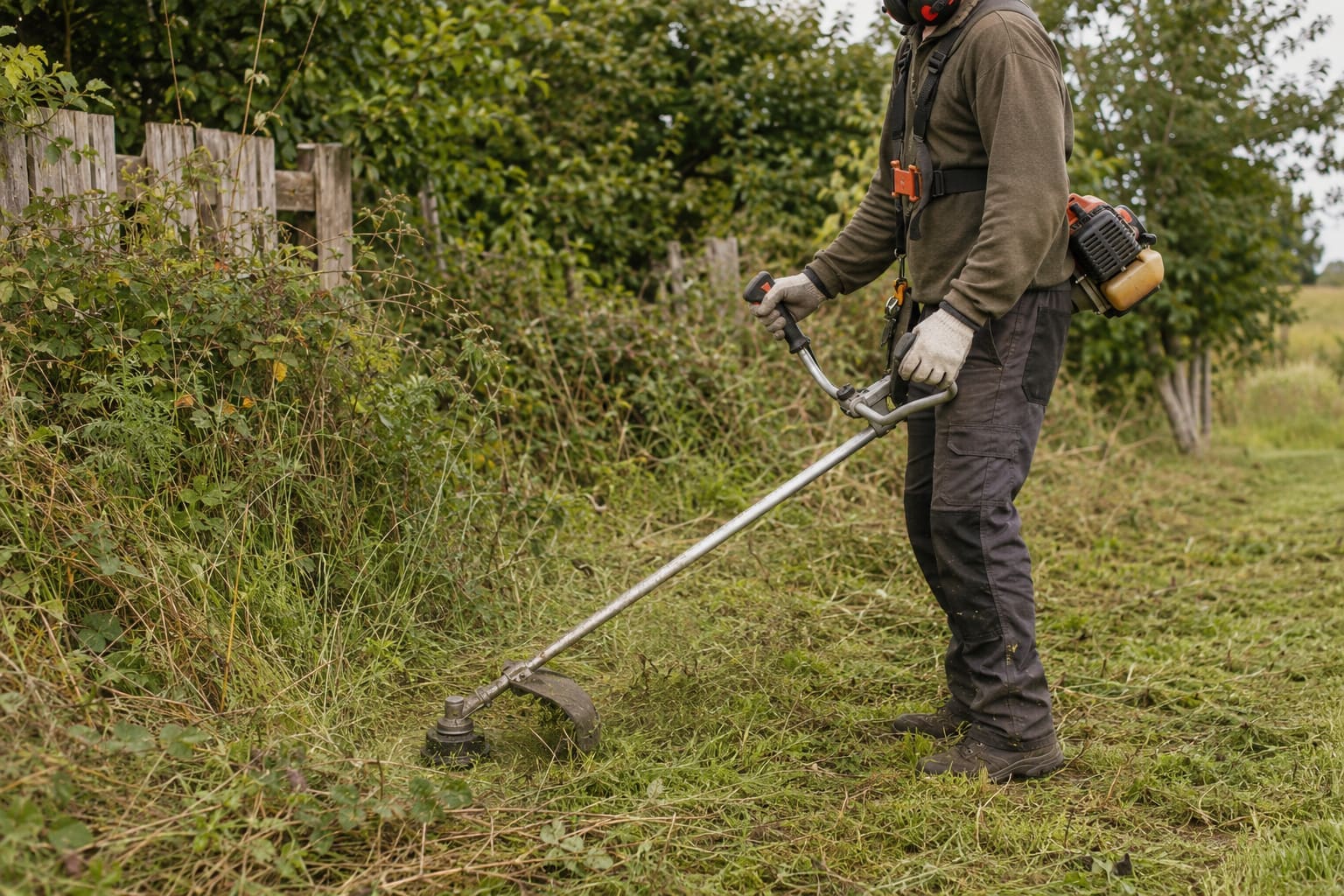 Débroussailleuse thermique portée avec un harnais pour dégager les herbes hautes