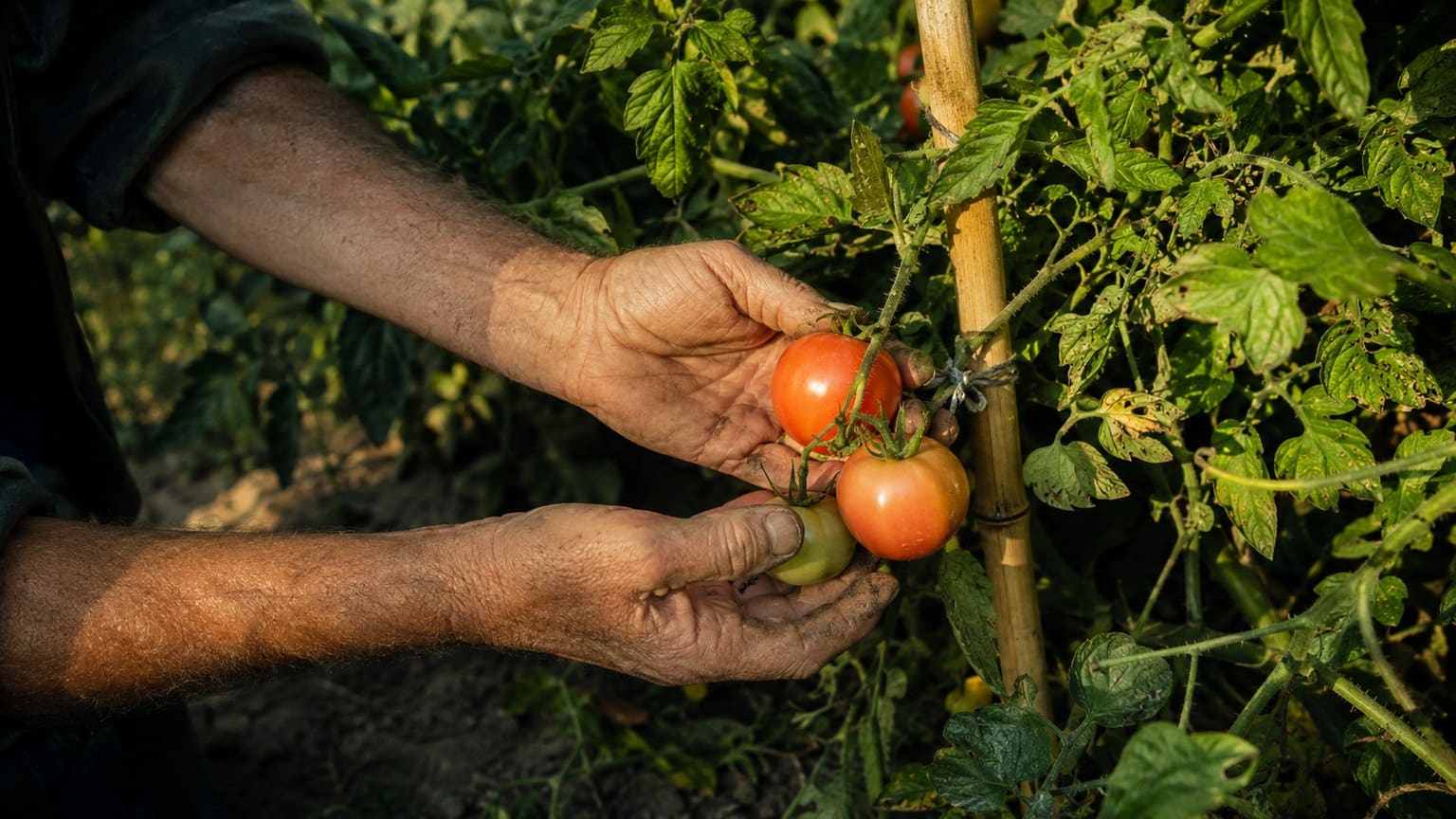 Mains d’un jardinier inspectant des tomates mûres dans un potager