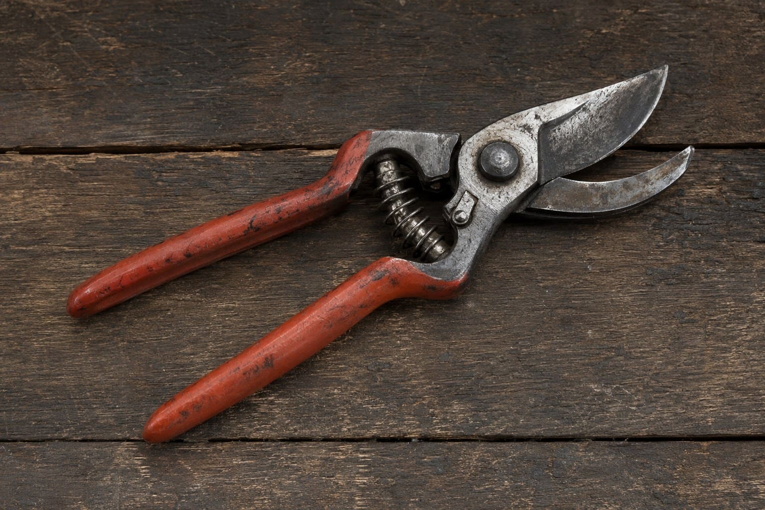 Sécateur à poignée rouge posé sur un établi en bois