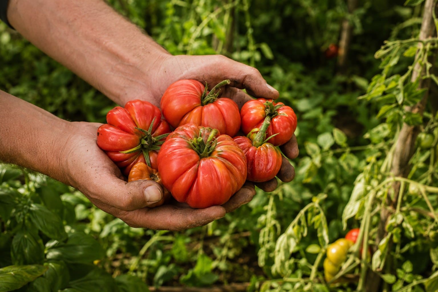 Mains d’un jardinier tenant une récolte de tomates anciennes