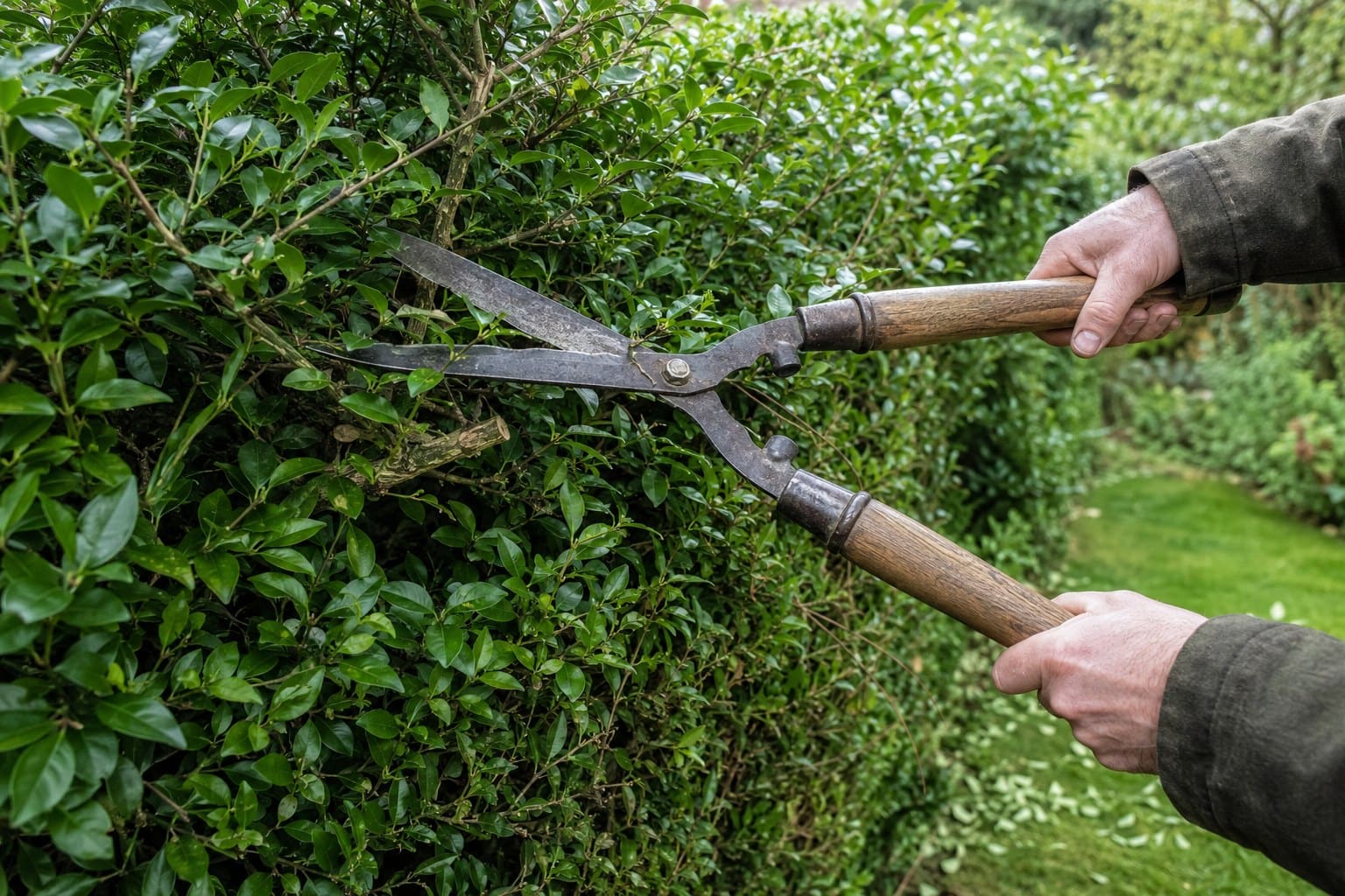 Taille manuelle d’une haie avec une cisaille de jardin