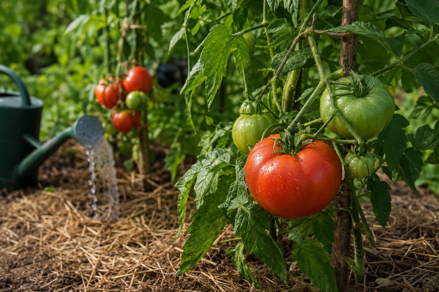 Tomates saines cultivées avec tuteur, paillage et arrosage au pied